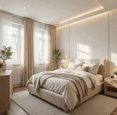 Dormitorio pequeño moderno en tonos neutros con cama tapizada y decoración minimalista acogedora.