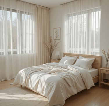 Dormitorio pequeño con cortinas translúcidas y ropa de cama clara que permiten mayor entrada de luz