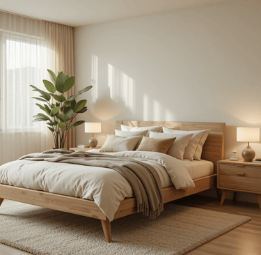 Dormitorio moderno y acogedor con planta grande en la esquina, cama de madera natural y textiles neu