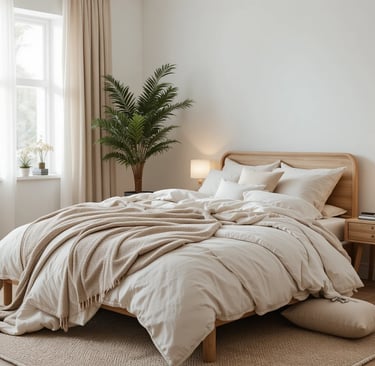 Dormitorio moderno y acogedor con ropa de cama blanca, mantas beige y decoración en tonos neutros.