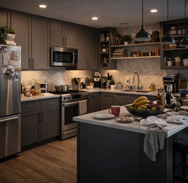 cocina moderna desordenada con mala organización y demasiados objetos en encimera