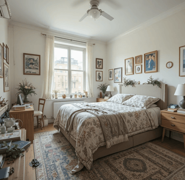 Dormitorio pequeño con muebles demasiado grandes y exceso de decoración que reduce la sensación de a