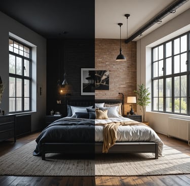 Comparativa de dormitorio industrial moderno mostrando exceso de negro e iluminación fría frente a v
