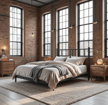 Ideas de dormitorio industrial moderno con pared de ladrillo visto, cama de metal negro y combinació