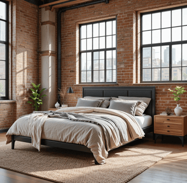 Dormitorio industrial moderno con pared de ladrillo visto, estructura de metal negro, mesillas de ma