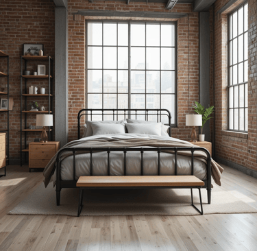 Dormitorio industrial moderno con cama de metal negro, mesillas de madera natural y estanterías abie