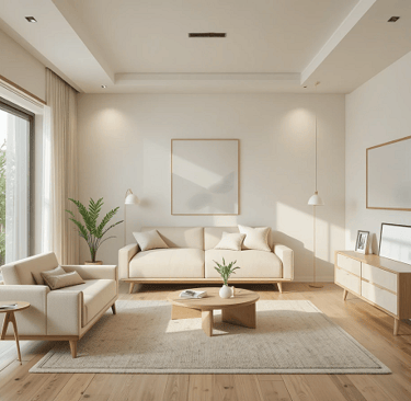 muebles ideales para un salón japandi con sofá bajo y mesa de madera