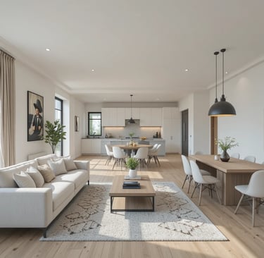 salón con cocina al fondo (espacio abierto completo)