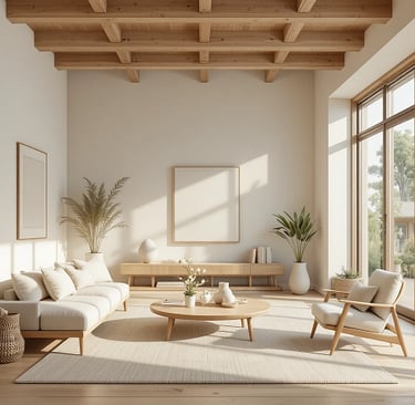 salón japandi con decoración acogedora