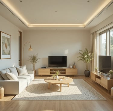 salón japandi pequeño con diseño luminoso y minimalista