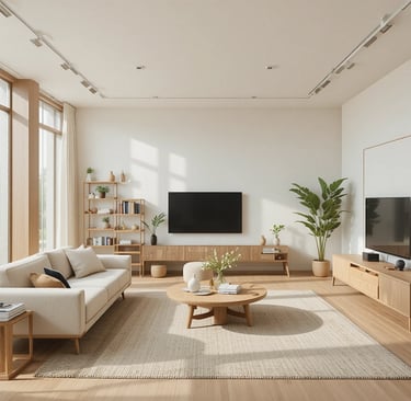 salón japandi perfectamente decorado con diseño equilibrado y natural