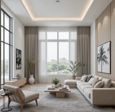 salón moderno con paleta clara y detalles en madera