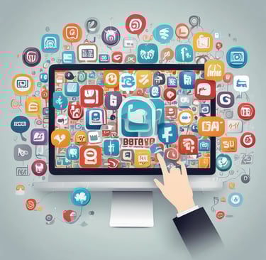 a person's hand touching a laptop computer screen with social media icons