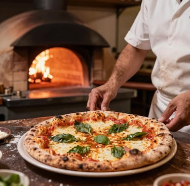 Close-up of a golden crust pizza topped with melted mozzarella, fresh basil, and ripe tomatoes steaming on a rustic wooden board.