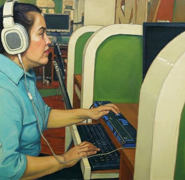 mulher usando fone de condução ossea e teclado assistivo