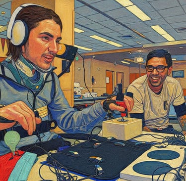 garoto usando tecnologia assistiva para jogar e ter autonomia, amigo do lado sorrindo