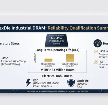 NexDie wide temperature industrial DRAM reliability qualification testing chart