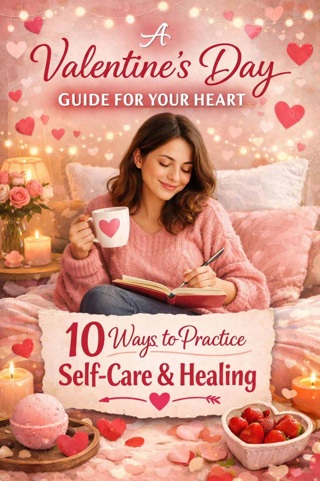 a woman sitting on a bed with a cup of coffee and a cup of coffee