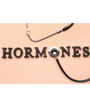 the word "hormones" wrttem down with a stethoscope  as the "o". background pink