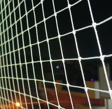 Before and after comparison showing a balcony without and then with the pigeon safety net installed.