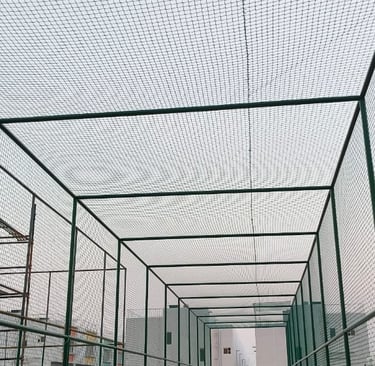 Close-up of a freshly installed cricket net at a local Bengaluru sports ground under bright sunlight