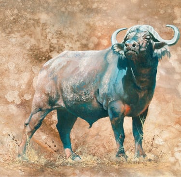 Oil painting of a single Cape Buffalo, Duggaboy on an abstract background