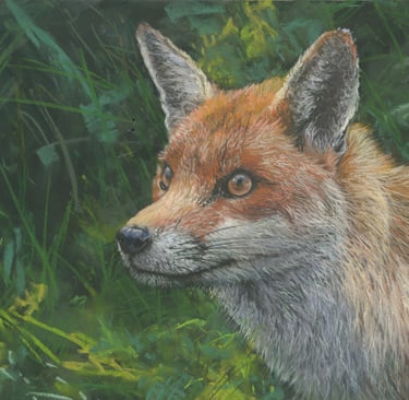 A pastel painting of a Fox head in a green enviroment