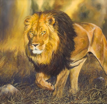 A large oil painting of a  Male Black maned lion walking in a savannah background 