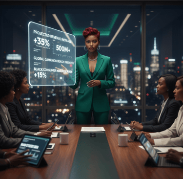 A business executive presents holographic data growth charts to a diverse corporate board in a city office.