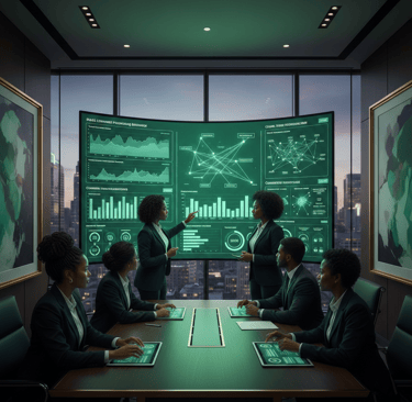 Business professionals analyze data on a large digital screen in a high-tech corporate boardroom.