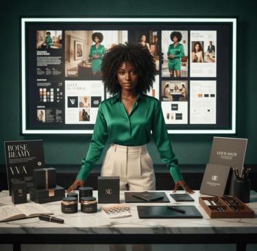 Professional fashion designer in a green silk blouse presenting luxury brand packaging and digital mood boards.