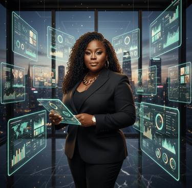 A black female executive analyzing data on glowing digital holograms in a futuristic office.