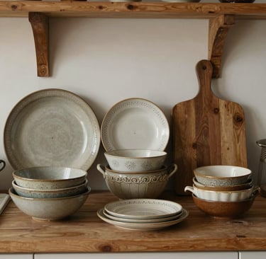 Stack of wooden serving bowls with utensils