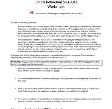 Screenshot of AI Ethical Reflection Worksheet