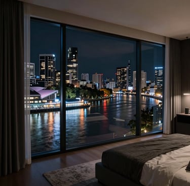 Nighttime cityscape of the Gold Coast skyline sparkling against a deep navy sky.