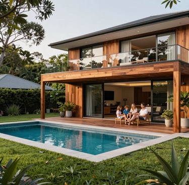 A cozy, sunlit living room showcasing a stylishly staged established home on Brisbane's outskirts.