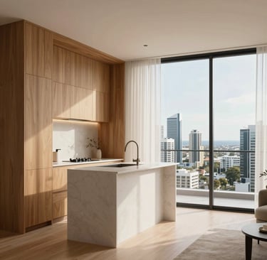 Sunlit master bedroom with floor-to-ceiling windows and garden access.