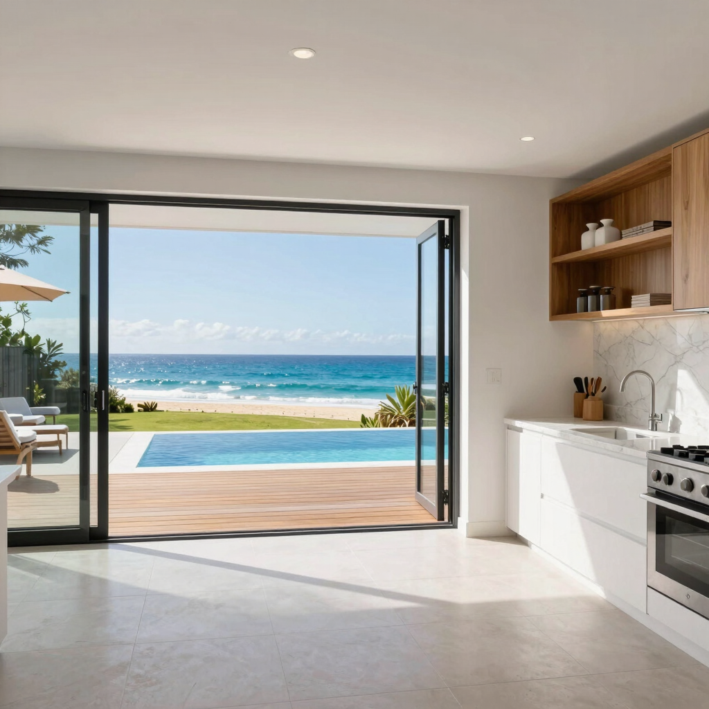 Bright kitchen with stainless steel appliances and marble countertops.