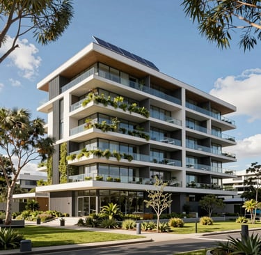 A sleek new apartment building with balconies overlooking a green park.