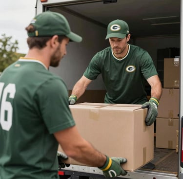Two movers in Green Bay Packers gear unloading cardboard boxes from a delivery truck.