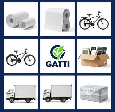 Gatti logistics moving supplies including packing foam, bicycles, moving boxes, and delivery trucks.