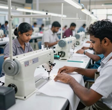 A team member inspecting finished garments with precision in the quality control lab, surrounded by testing equipment.