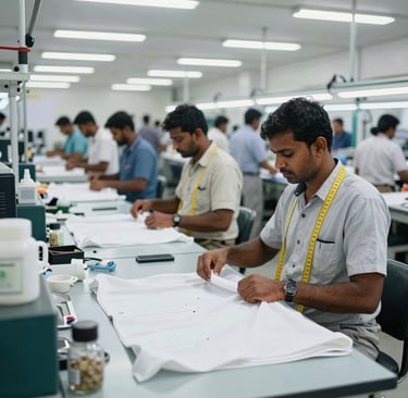 Close-up of skilled workers handling premium jersey knitwear fabric on state-of-the-art knitting machines.