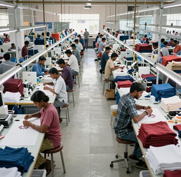 Stacks of freshly dyed jersey knitwear in vibrant colors drying under eco-friendly machines.