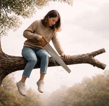 Woman sawing a branch while seated