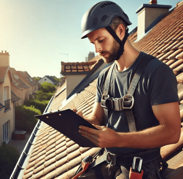Couvreur professionnel inspectant un toit en tuiles endommagé avec un presse-papiers à la main