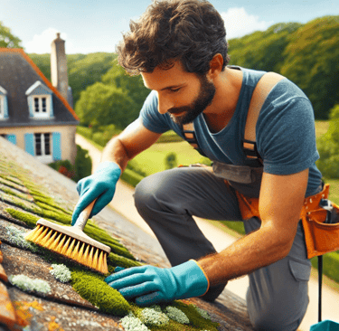 Couvreur nettoyant minutieusement la mousse et le lichen d'un toit en tuiles à l'aide d'une brosse.