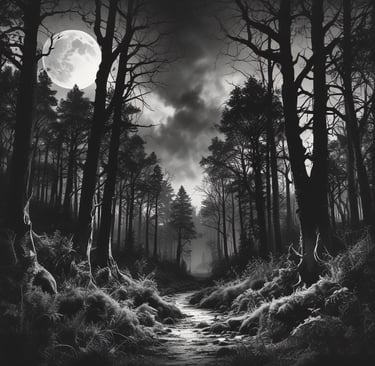 A cozy corner with witchy prints and apparel displayed under moody, dim lighting.