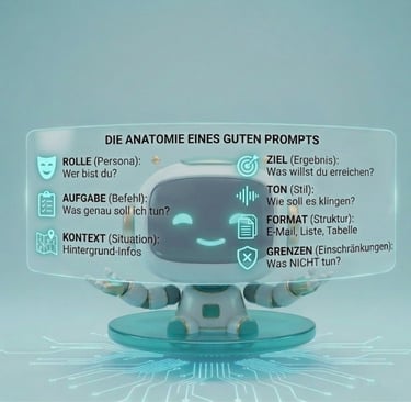 KI-Assistent präsentiert eine Infografik zur Anatomie eines Prompts mit Rolle, Kontext und Ziel
