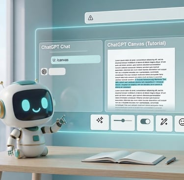 Kleiner 3D-Roboter erklärt ChatGPT Canvas an einem geteilten Hologramm-Screen mit Text-Werkzeugen